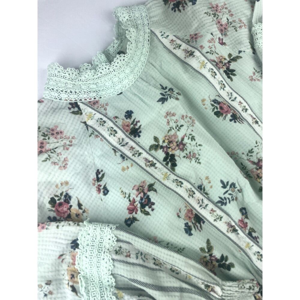 ~ Anthropologie XL Hemant & Nandita Blouse Floral Mint Lace Aqua Green Elastic - Picture 3 of 16